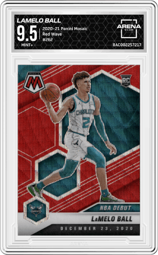 LaMelo Ball from the 2020-21 Panini Mosaic set featuring a Red Wave parallel graded by Arena Club and given an overall grade of 9.5.