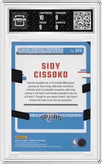 Sidy Cissoko from the 2023-24 Panini Donruss set featuring a Press Proof  Silver Die Cut parallel graded by Arena Club and given an overall grade of 9.5.