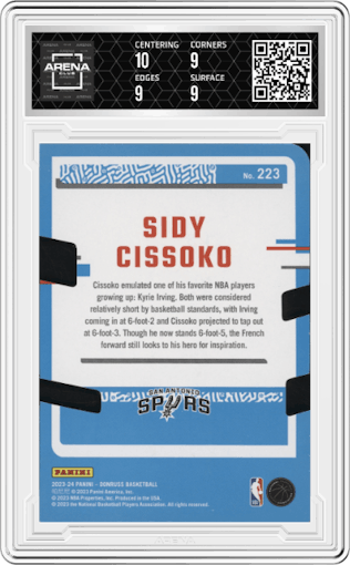 Sidy Cissoko from the 2023-24 Panini Donruss set featuring a Press Proof  Silver Die Cut parallel graded by Arena Club and given an overall grade of 9.5.