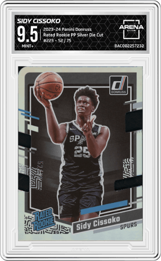 Sidy Cissoko from the 2023-24 Panini Donruss set featuring a Press Proof  Silver Die Cut parallel graded by Arena Club and given an overall grade of 9.5.