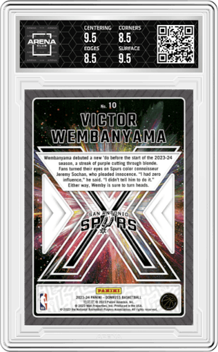 Victor Wembanyama from the 2023-24 Panini Donruss set graded by Arena Club and given an overall grade of 9.
