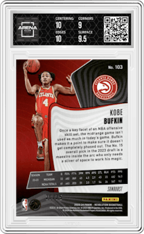 Kobe Bufkin from the 2023-24 Panini Revolution set featuring a Sunburst parallel graded by Arena Club and given an overall grade of 9.5.