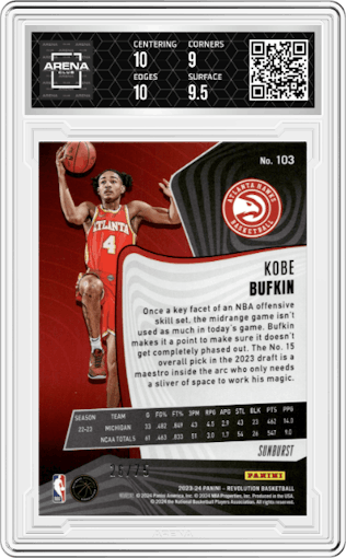 Kobe Bufkin from the 2023-24 Panini Revolution set featuring a Sunburst parallel graded by Arena Club and given an overall grade of 9.5.