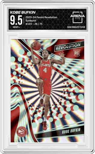 Kobe Bufkin from the 2023-24 Panini Revolution set featuring a Sunburst parallel graded by Arena Club and given an overall grade of 9.5.