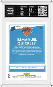 Immanuel Quickley from the 2020-21 Panini Donruss Optic set featuring a Holo parallel graded by Arena Club and given an overall grade of 8.5.