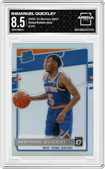 Immanuel Quickley from the 2020-21 Panini Donruss Optic set featuring a Holo parallel graded by Arena Club and given an overall grade of 8.5.