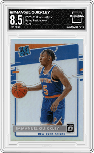 Immanuel Quickley from the 2020-21 Panini Donruss Optic set featuring a Holo parallel graded by Arena Club and given an overall grade of 8.5.