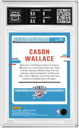 Cason Wallace from the 2023-24 Panini Donruss set featuring a Red parallel graded by Arena Club and given an overall grade of 9.