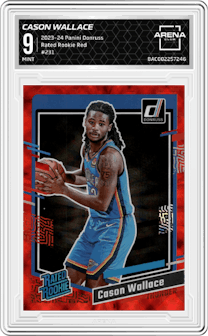Cason Wallace from the 2023-24 Panini Donruss set featuring a Red parallel graded by Arena Club and given an overall grade of 9.