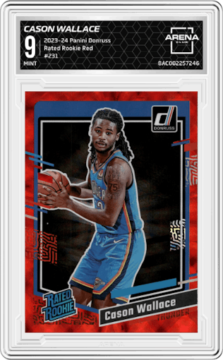 Cason Wallace from the 2023-24 Panini Donruss set featuring a Red parallel graded by Arena Club and given an overall grade of 9.