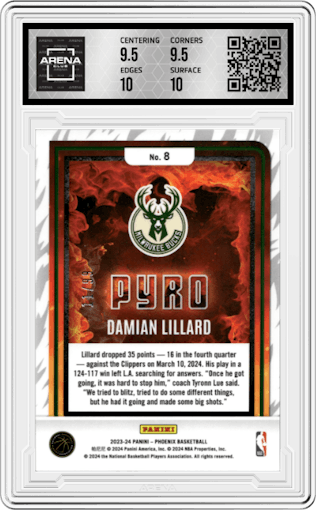 Damian Lillard from the 2023-24 Panini Phoenix set featuring a Pink parallel graded by Arena Club and given an overall grade of 10.