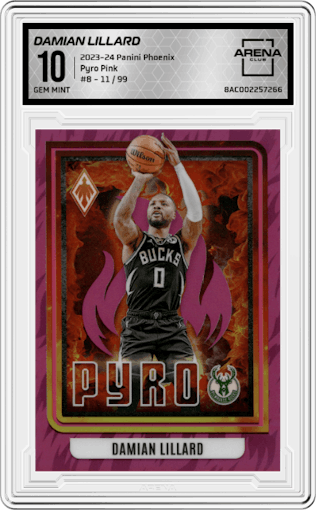Damian Lillard from the 2023-24 Panini Phoenix set featuring a Pink parallel graded by Arena Club and given an overall grade of 10.