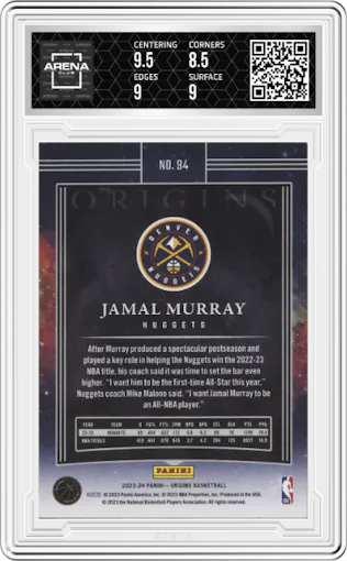 Jamal Murray from the 2023-24 Panini Origins set featuring a Blue parallel graded by Arena Club and given an overall grade of 9.