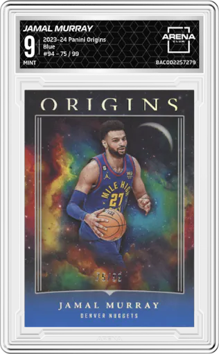 Jamal Murray from the 2023-24 Panini Origins set featuring a Blue parallel graded by Arena Club and given an overall grade of 9.