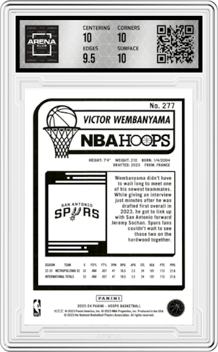 Victor Wembanyama from the 2023-24 Panini NBA Hoops set graded by Arena Club and given an overall grade of 10.