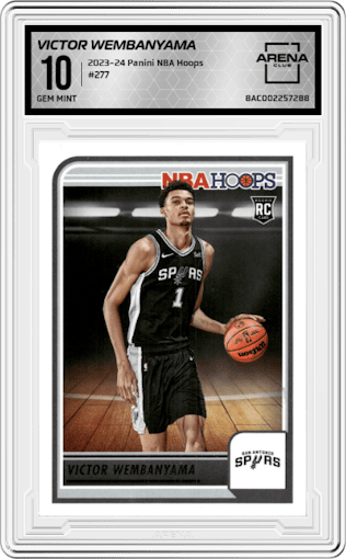Victor Wembanyama from the 2023-24 Panini NBA Hoops set graded by Arena Club and given an overall grade of 10.
