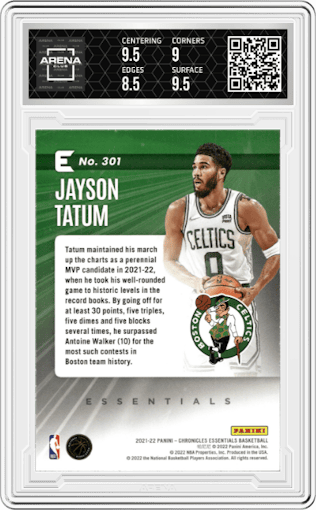 Jayson Tatum from the 2021-22 Panini Chronicles set featuring a Green Ice parallel graded by Arena Club and given an overall grade of 9.