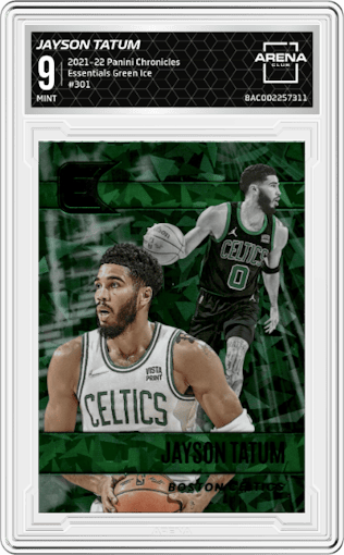 Jayson Tatum from the 2021-22 Panini Chronicles set featuring a Green Ice parallel graded by Arena Club and given an overall grade of 9.