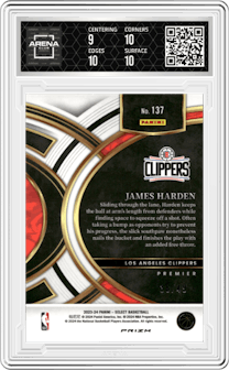 James Harden from the 2023-24 Panini Select  set featuring a Red Disco  parallel graded by Arena Club and given an overall grade of 9.5.