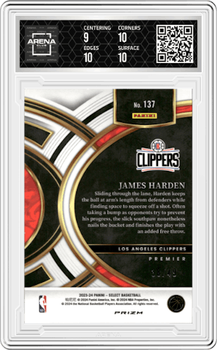 James Harden from the 2023-24 Panini Select  set featuring a Red Disco  parallel graded by Arena Club and given an overall grade of 9.5.