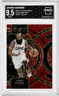 James Harden from the 2023-24 Panini Select  set featuring a Red Disco  parallel graded by Arena Club and given an overall grade of 9.5.