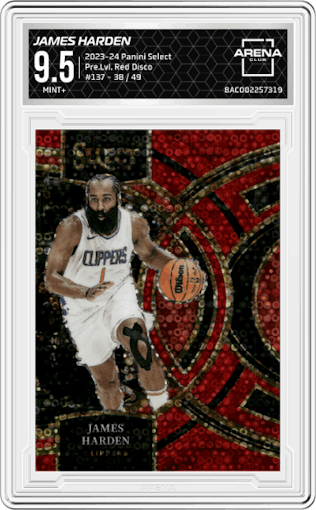 James Harden from the 2023-24 Panini Select  set featuring a Red Disco  parallel graded by Arena Club and given an overall grade of 9.5.