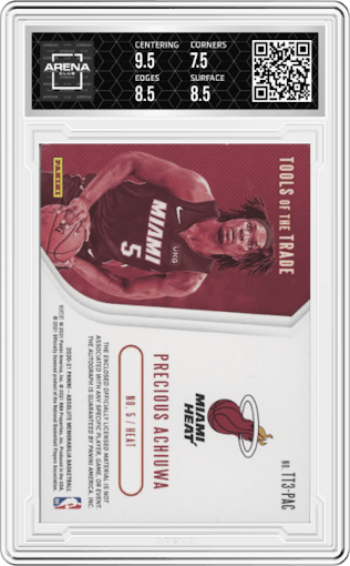 Precious Achiuwa from the 2020-21 Panini Absolute set featuring a Level 1 parallel graded by Arena Club and given an overall grade of 8.