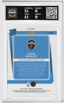 Evan Mobley
 from the 2021-22 Panini Donruss Optic set featuring a Purple parallel graded by Arena Club and given an overall grade of 9.