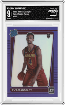 Evan Mobley
 from the 2021-22 Panini Donruss Optic set featuring a Purple parallel graded by Arena Club and given an overall grade of 9.