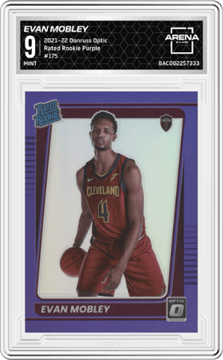 Evan Mobley
 from the 2021-22 Panini Donruss Optic set featuring a Purple parallel graded by Arena Club and given an overall grade of 9.