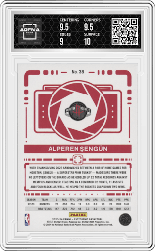 Alperen Sengun from the 2023-24 Panini Photogenic set featuring a Diamond parallel graded by Arena Club and given an overall grade of 9.5.