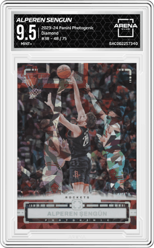 Alperen Sengun from the 2023-24 Panini Photogenic set featuring a Diamond parallel graded by Arena Club and given an overall grade of 9.5.