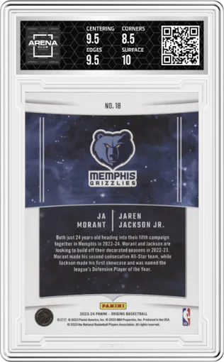 Ja Morant / Jaren Jackson Jr. from the 2023-24 Panini Origins set featuring a Red parallel graded by Arena Club and given an overall grade of 9.