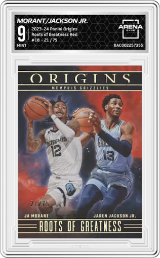 Ja Morant / Jaren Jackson Jr. from the 2023-24 Panini Origins set featuring a Red parallel graded by Arena Club and given an overall grade of 9.