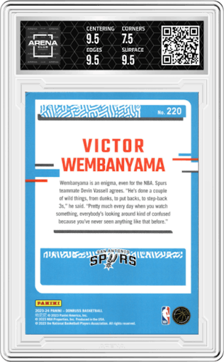 Victor Wembanyama from the 2023-24 Panini Donruss set graded by Arena Club and given an overall grade of 8.