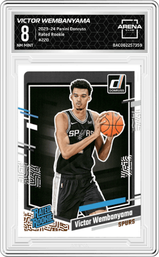 Victor Wembanyama from the 2023-24 Panini Donruss set graded by Arena Club and given an overall grade of 8.