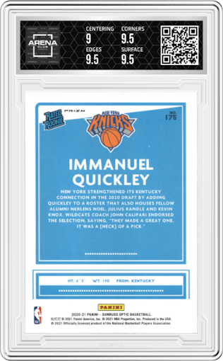 Immanuel Quickley from the 2020-21 Panini Donruss Optic set featuring a Holo parallel graded by Arena Club and given an overall grade of 9.5.