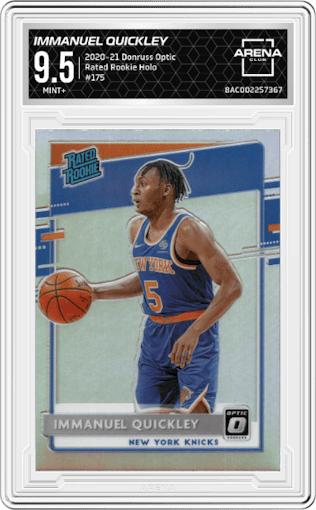 Immanuel Quickley from the 2020-21 Panini Donruss Optic set featuring a Holo parallel graded by Arena Club and given an overall grade of 9.5.