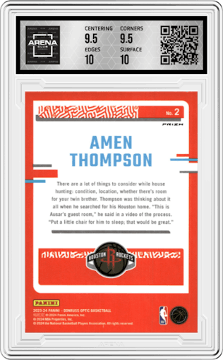 Amen Thompson from the 2023-24 Donruss Optic set featuring a Holo parallel graded by Arena Club and given an overall grade of 10.