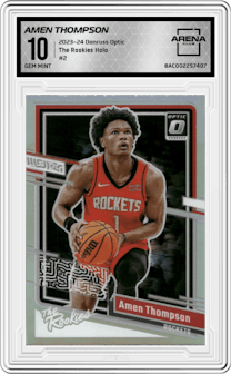 Amen Thompson from the 2023-24 Donruss Optic set featuring a Holo parallel graded by Arena Club and given an overall grade of 10.