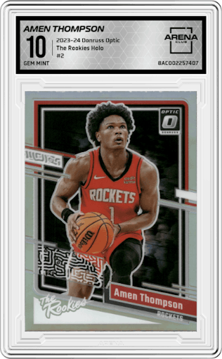 Amen Thompson from the 2023-24 Donruss Optic set featuring a Holo parallel graded by Arena Club and given an overall grade of 10.