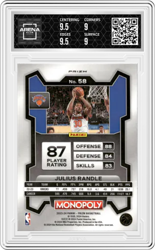 Julius Randle from the 2023-24 Panini Prizm Monopoly set featuring a  Monopoly Man Black & White  parallel graded by Arena Club and given an overall grade of 9.5.