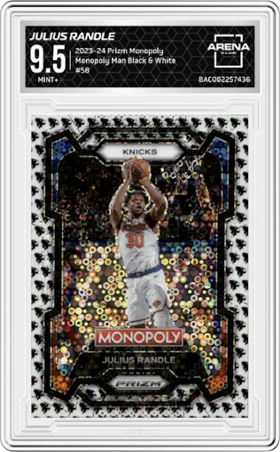 Julius Randle from the 2023-24 Panini Prizm Monopoly set featuring a  Monopoly Man Black & White  parallel graded by Arena Club and given an overall grade of 9.5.