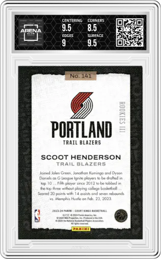 Scoot Henderson from the 2023-24 Panini Court Kings set graded by Arena Club and given an overall grade of 9.