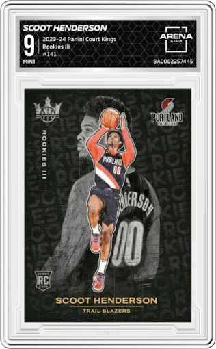 Scoot Henderson from the 2023-24 Panini Court Kings set graded by Arena Club and given an overall grade of 9.