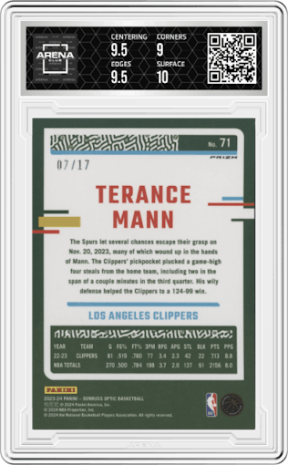 Terance Mann from the 2023-24 Donruss Optic set featuring a Purple Stars parallel graded by Arena Club and given an overall grade of 9.5.