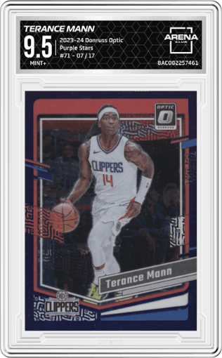 Terance Mann from the 2023-24 Donruss Optic set featuring a Purple Stars parallel graded by Arena Club and given an overall grade of 9.5.