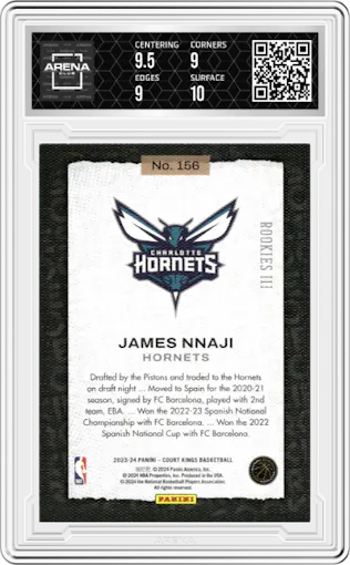 James Nnaji from the 2023-24 Panini Court Kings set graded by Arena Club and given an overall grade of 9.5.