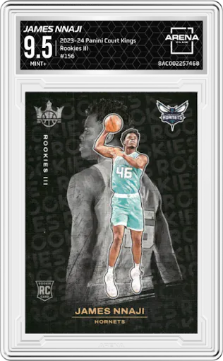 James Nnaji from the 2023-24 Panini Court Kings set graded by Arena Club and given an overall grade of 9.5.