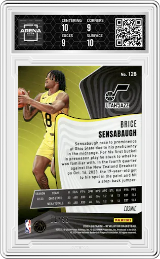 Brice Sensabaugh from the 2023-24 Panini Revolution set featuring a Cosmic parallel graded by Arena Club and given an overall grade of 9.5.
